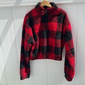 SO brand cropped fleece partial zip pullover, Sz Small, Red Black Buffalo Check